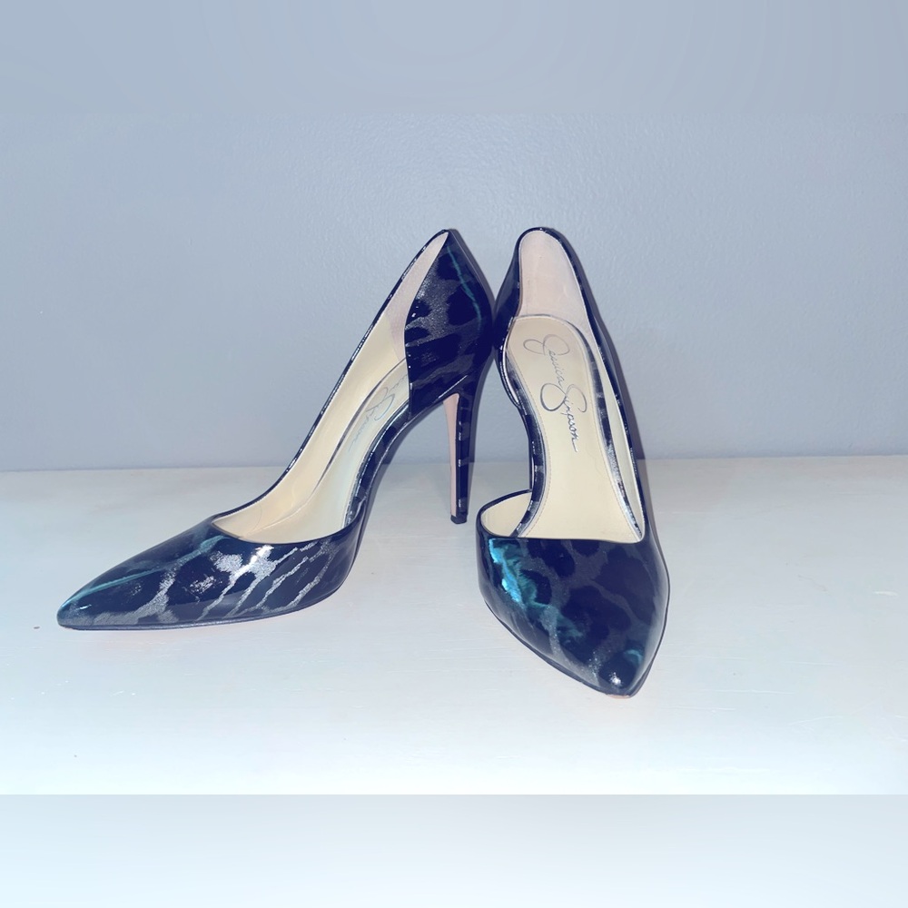 Jessica Simpson Black Patent Leopard Print Pointed-Toe Heels